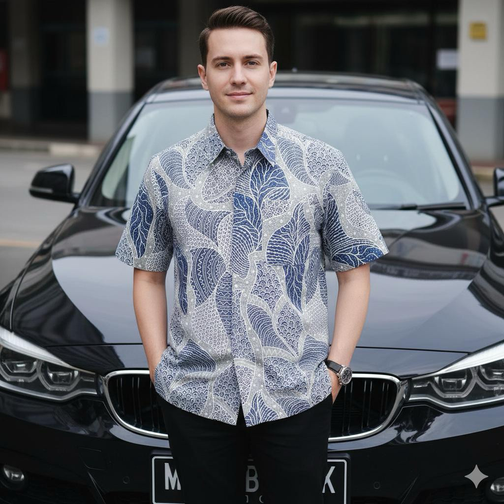 Hem batik pria PUTIH DAUN 991 bahan katun lengan pendek