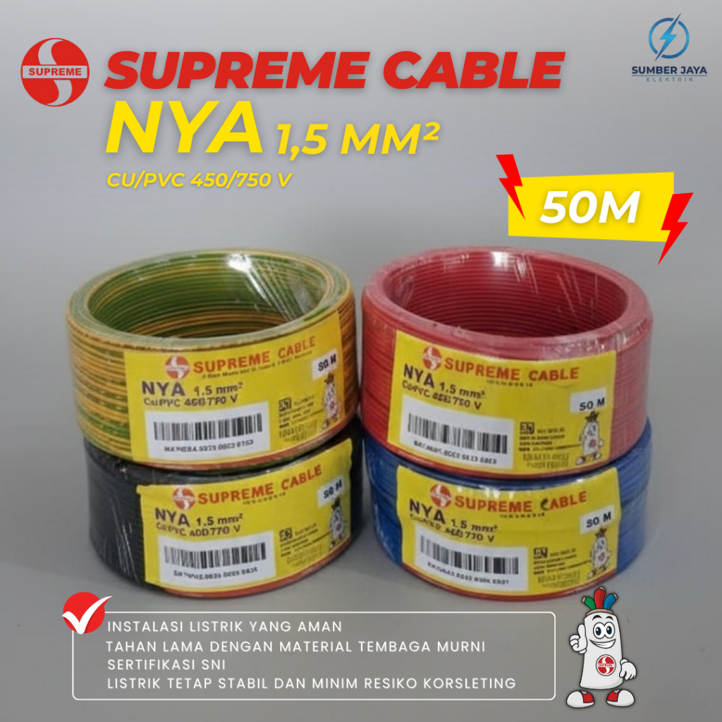 SUPREME Kabel Listrik NYA 1.5mm - Roll 50 Meter - Tembaga Murni SNI LMK Standar PLN