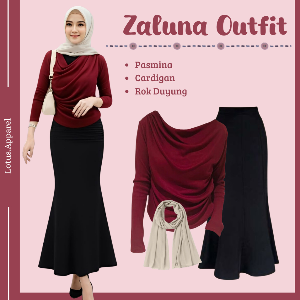 New Produk Sale Casual Muslim Korean Style 3in 1Set (Pasmina+Cardigan+Rok Duyung) Zaluna Outfit