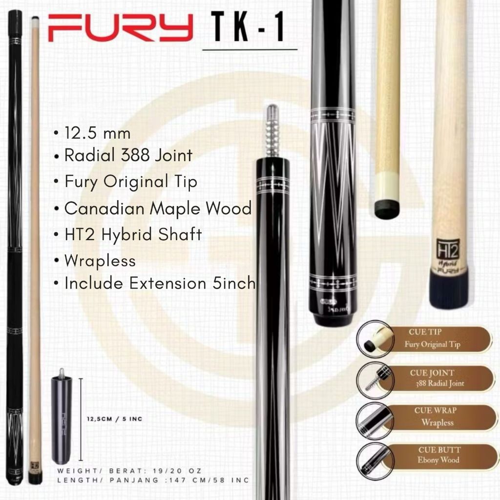 Fury TK-1 Wrapless HT2 Hybrid Shaft New - Stick Billiard Play