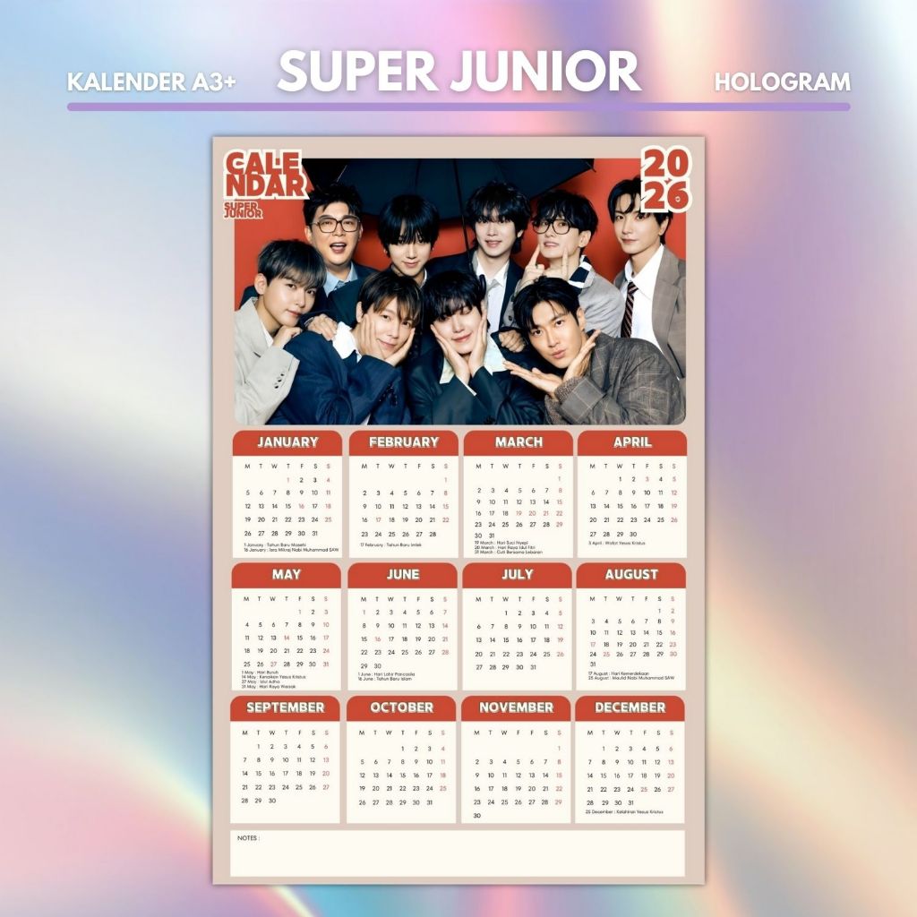 HOLOGRAM 2026 KALENDER SUPER JUNIOR KPOP UNOFFICIAL KOREA HEECHUL SIWON DONGHAE RYEOWOOK KYUHYUN