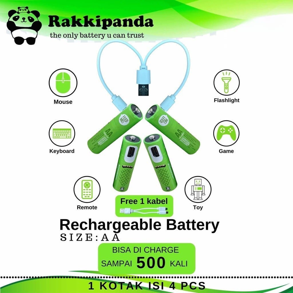RAKKIPANDA Baterai Cas isi Ulang AAA Micro Usb