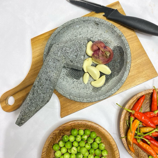 Cobek Batu Asli dari Mesin Bubut Ukuran 18 cm (Free Ulekan)