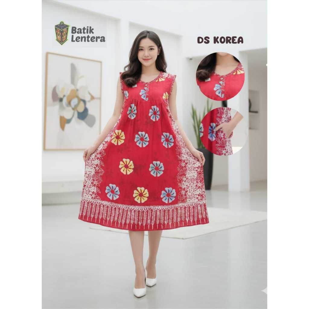 Daster Baju Tidur Batik Lentera Korea Yukensi Tanpa Lengan Remple Kancing Depan Motif Sunan Bunga Ke