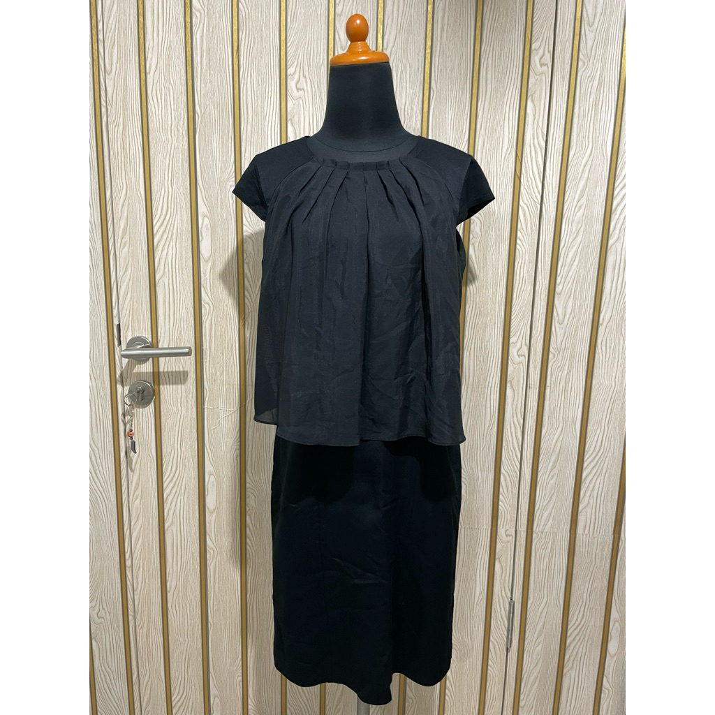 PL Anne Klein - Dress Sifon Rempel Dada Polos Hitam - Korean Look Basic
