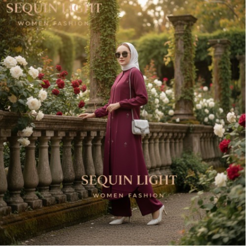 Sequin Light - Setelan Tunik Bordir Melati Syakila Wanita Muslim Premium Setelan Tunik Elegan