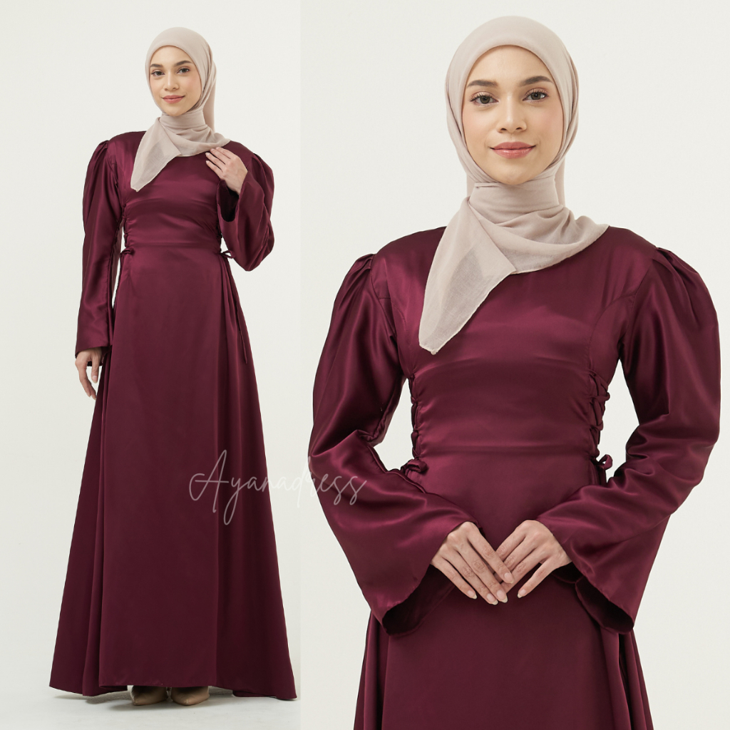 Gamis Selin Satin Premium Wanita – Dress Muslimah Elegan Lengan Balon Tali Samping