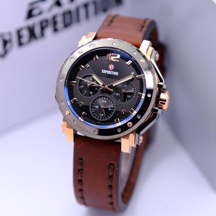 Jam Tangan Wanita Expedition Multifunction E 6402 Black Rose Brown Leather Strap Original