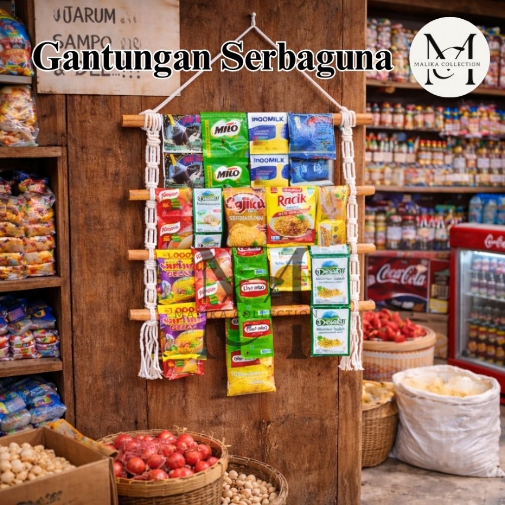 Rak Gantungan Kayu Laundry 4 Susun untuk Deterjen Pewangi Sabun Sachet Display Rapi