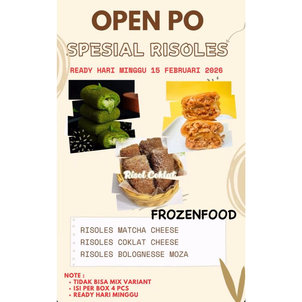 RISOL REISOLES FROZENFOOD/ RISOL FROZEN/ RISOL MATCHA/ RISOL COKLAT/ RISOL BOLOGNASE/ CEMILAN ENAK M