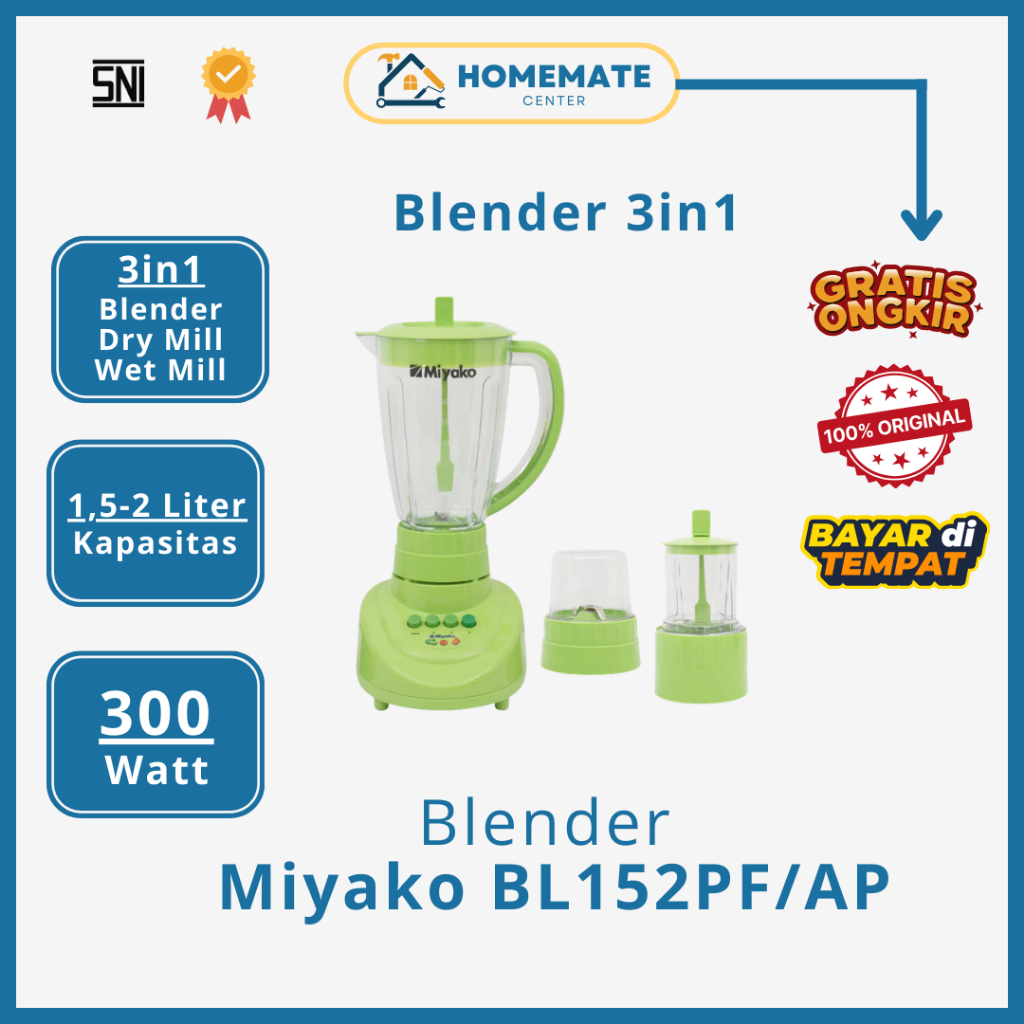 Blender Miyako BL-152 PF/AP 1.5 Liter Plastik Anti Pecah 3in1 - Lengkap Dry Mill & Wet Mill Original