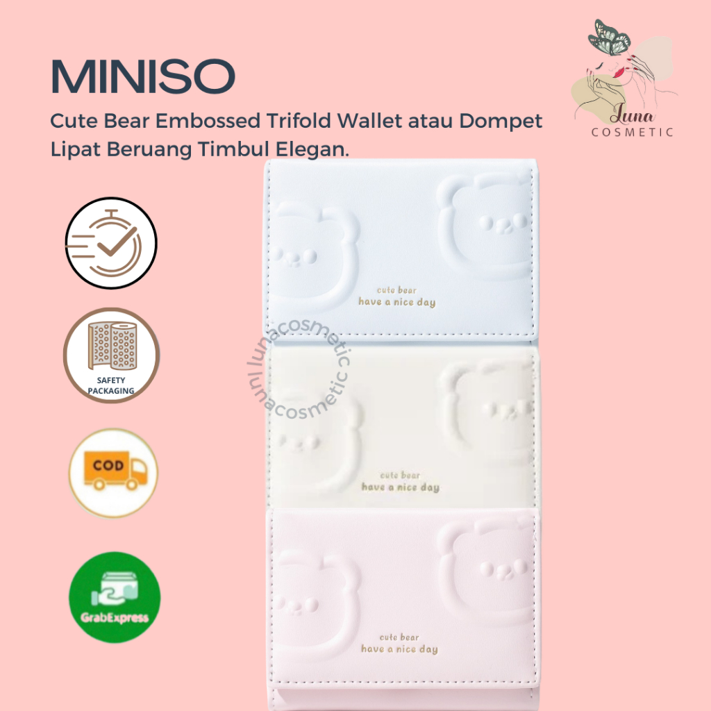 Miniso Cute Bear Embossed Trifold Wallet atau Dompet Lipat Beruang Timbul Elegan