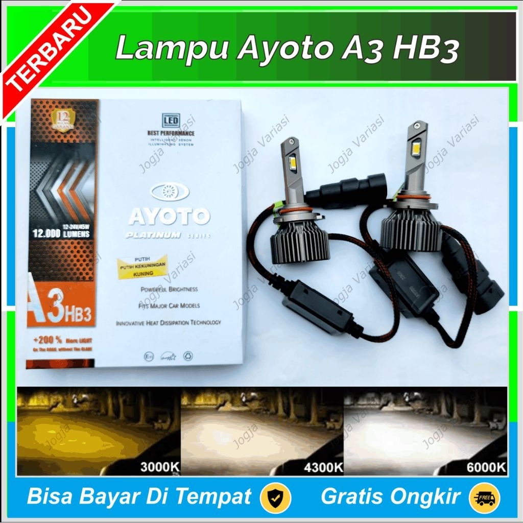 LAMPU KABUT FOGLAMP & HEADLAMP LAMPU UTAMA JAUH AYOTO A3 H11 HB3 9005 HB4 9006 3 WARNA PUTIH KUNING 