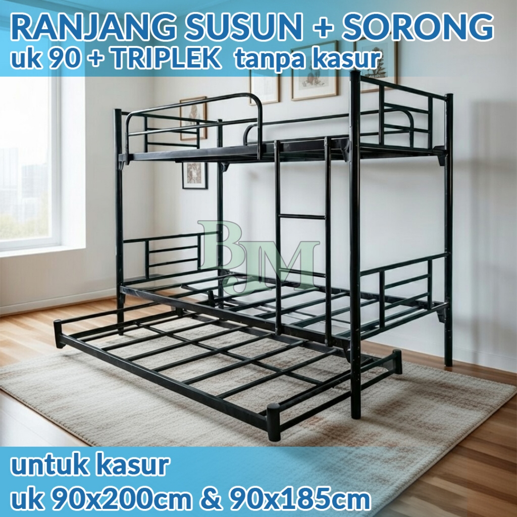 RANJANG SORONG SORONG + TRIPLEK RANJANG TINGKAT RANJANG 3 SUSUN RANJANG BESI BUNKBED HITAM
