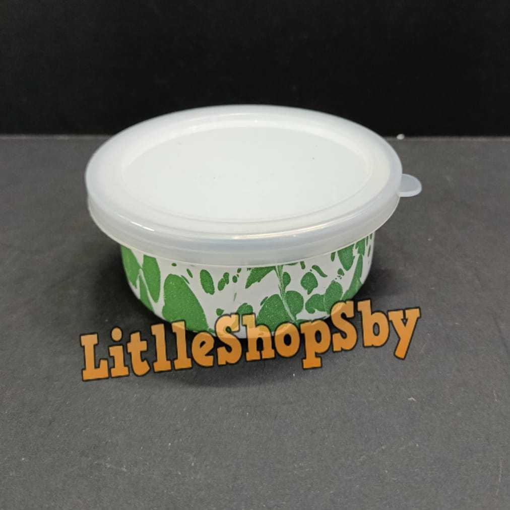 Rantang Bowl Mangkok Enamel 12cm Hijau Blirik Loreng Tutup Plastik