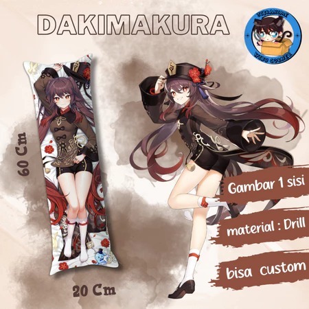 Dakimakura Genshin Impact Hu Tao 20x60cm Bahan Drill Isi Silikon HD Sublime