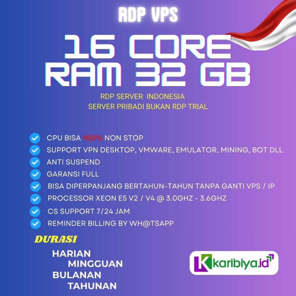 RDP VPS Indonesia 16 Core Ram 32 GB Windows Full Admin Bergaransi Anti Suspend Emulator Forex Youtub