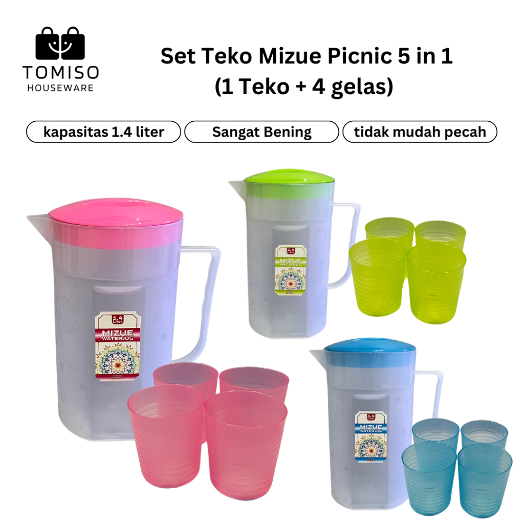 SET TEKO MIZUE PICNIC 5 IN 1 (BENING TUTUP WARNA) | Isi 1 teko & 4 gelas Water Jug Eskan 1.4 liter T