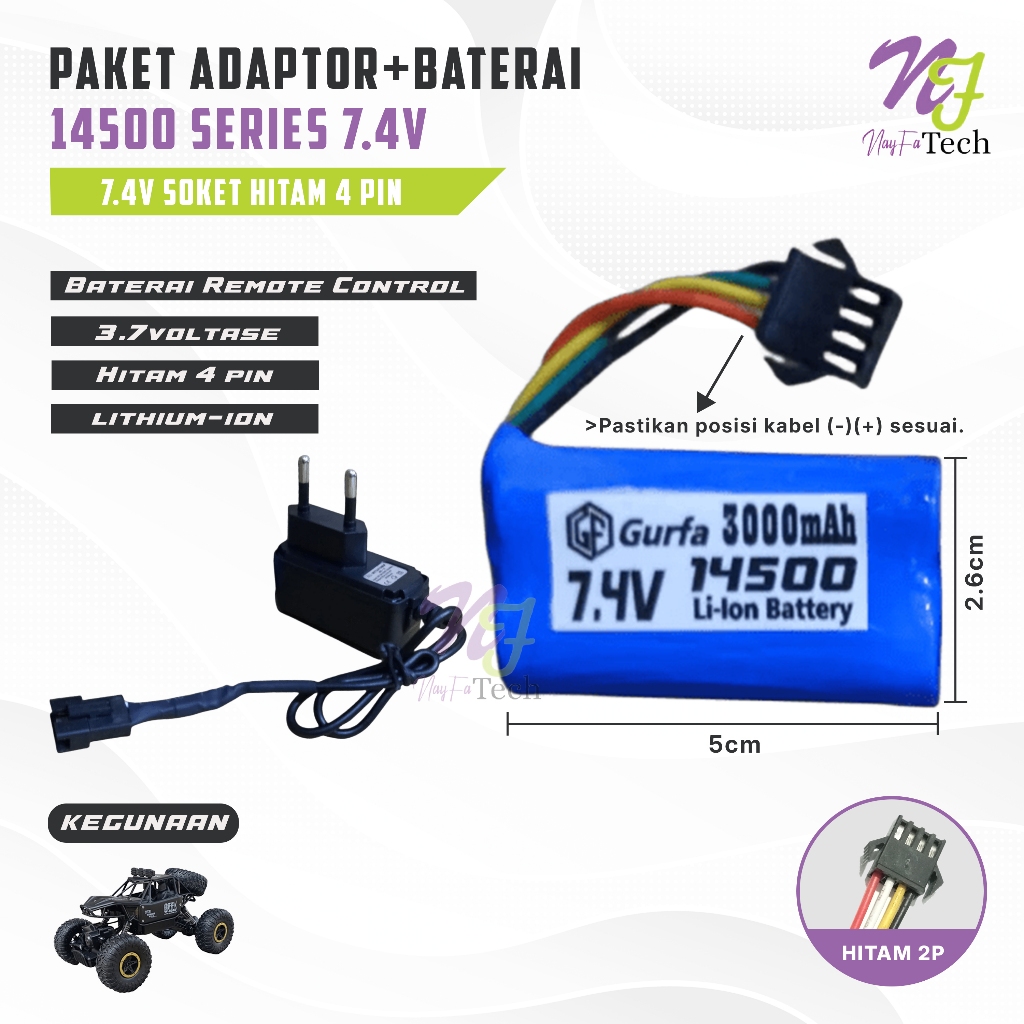 Paket Adaptor Charger + Baterai RC 2X 14500 3000mAh 7,4V SOKET SM HITAM 4 PIN