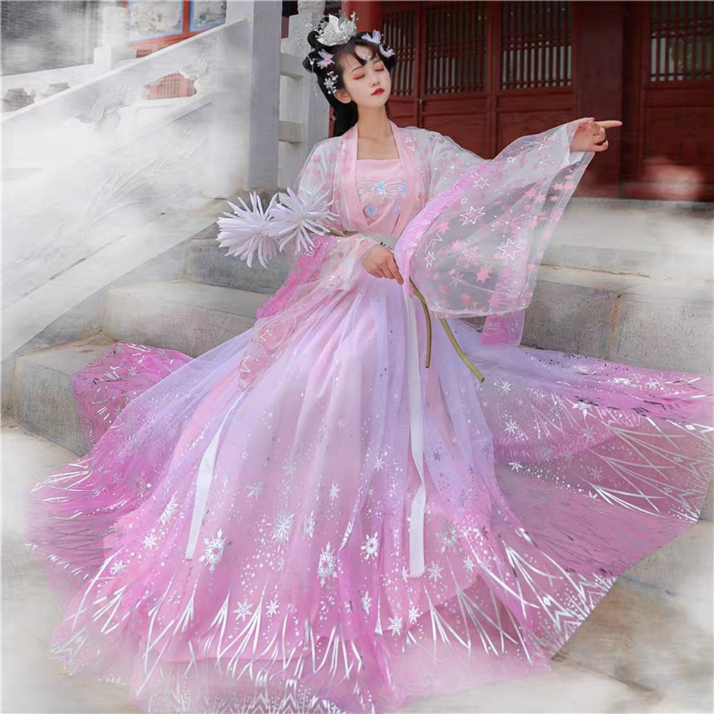 (Preorder) Setelan Wanita Hanfu Pink Hanfu Pelajar Nilon Asli Gaya Cina, Gaya Baru Super Peri, Peri 