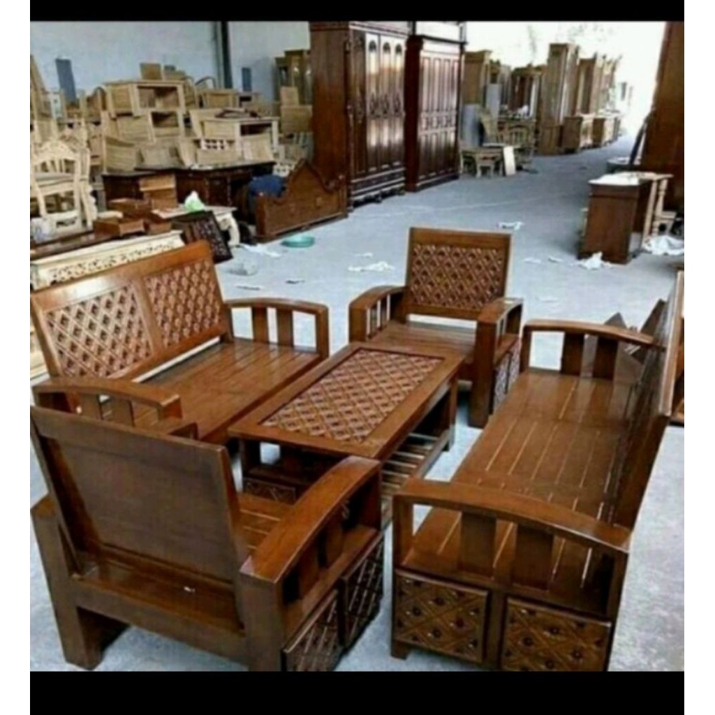 Meja Kursi Ruang Tamu Bahan Kayu Jati Formasi 3111+ meja
