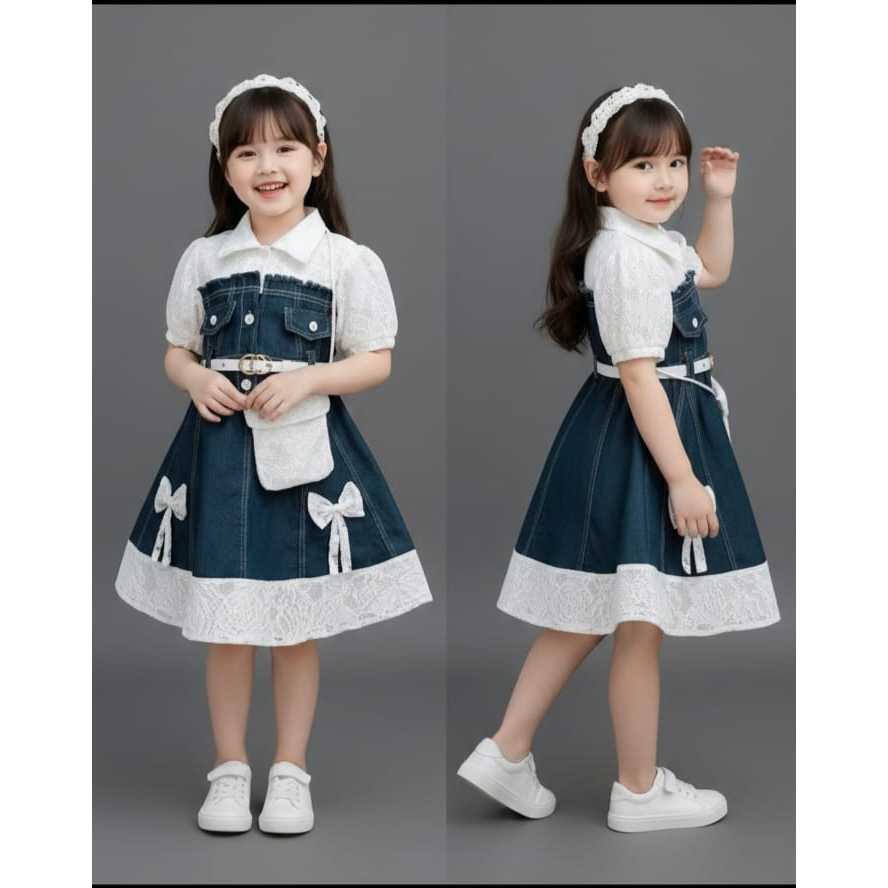 Dress Jeans Larisya Lengan Balon Anak Free Tas Usia 3-10 Tahun / Dress Jeans Mewah Impor Terbaru Ana