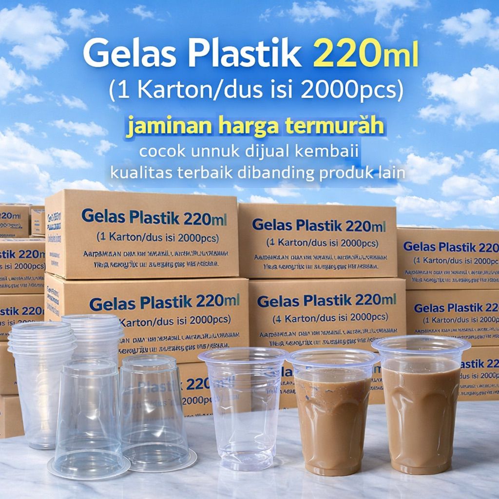 Gelas Plastik 220ml 1 Dus Isi 2000 Pcs Bening Kristal Tebal Tahan Panas Anti Pecah Food Grade Cup PP