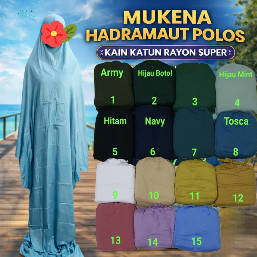 Mukena hadramaut polos terusan rukuh motif jumbo kain rayon super adem lembut