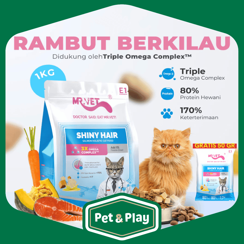 MrVet E1 Cat Shiny Hair Salmon Holistic 1 Kg / Triple-Omega Triple Glow Dari Salmon Norwegia / Makan