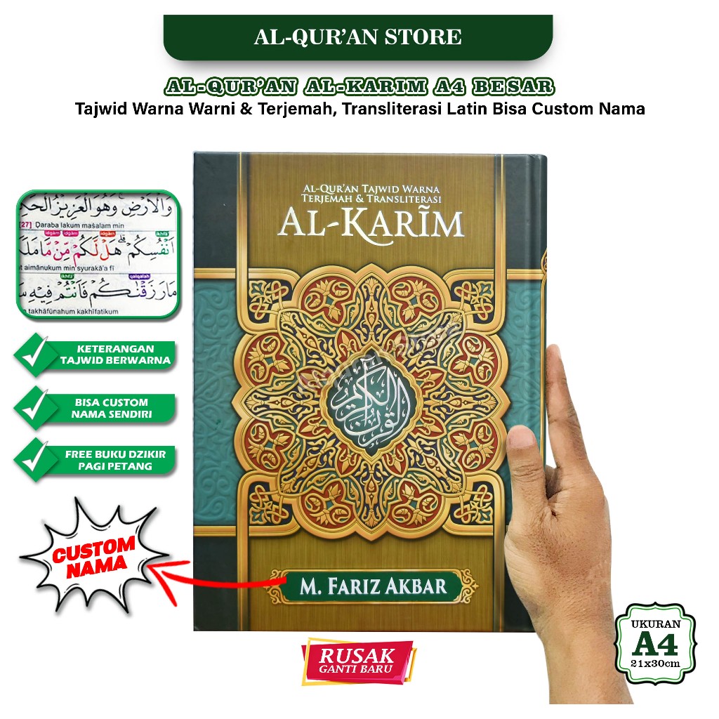 Alquran Custom Nama Al Karim Al Quran Latin dan Terjemah Tajwid Warna Warni Besar A4 A5