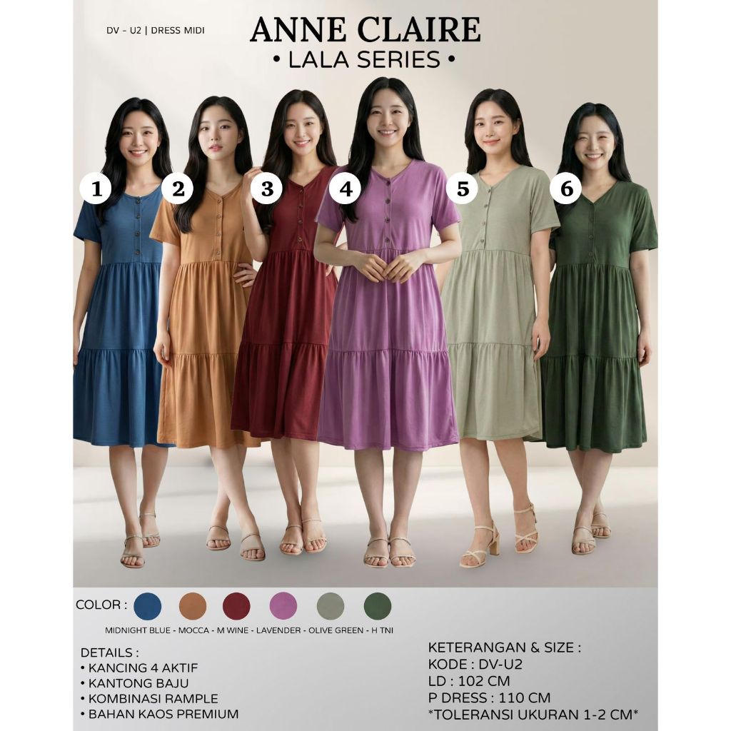 Dress Midi (DV-U2) Anne Claire All Size Dewasa Dress Fashion Kaos Nyaman Busui Friendly
