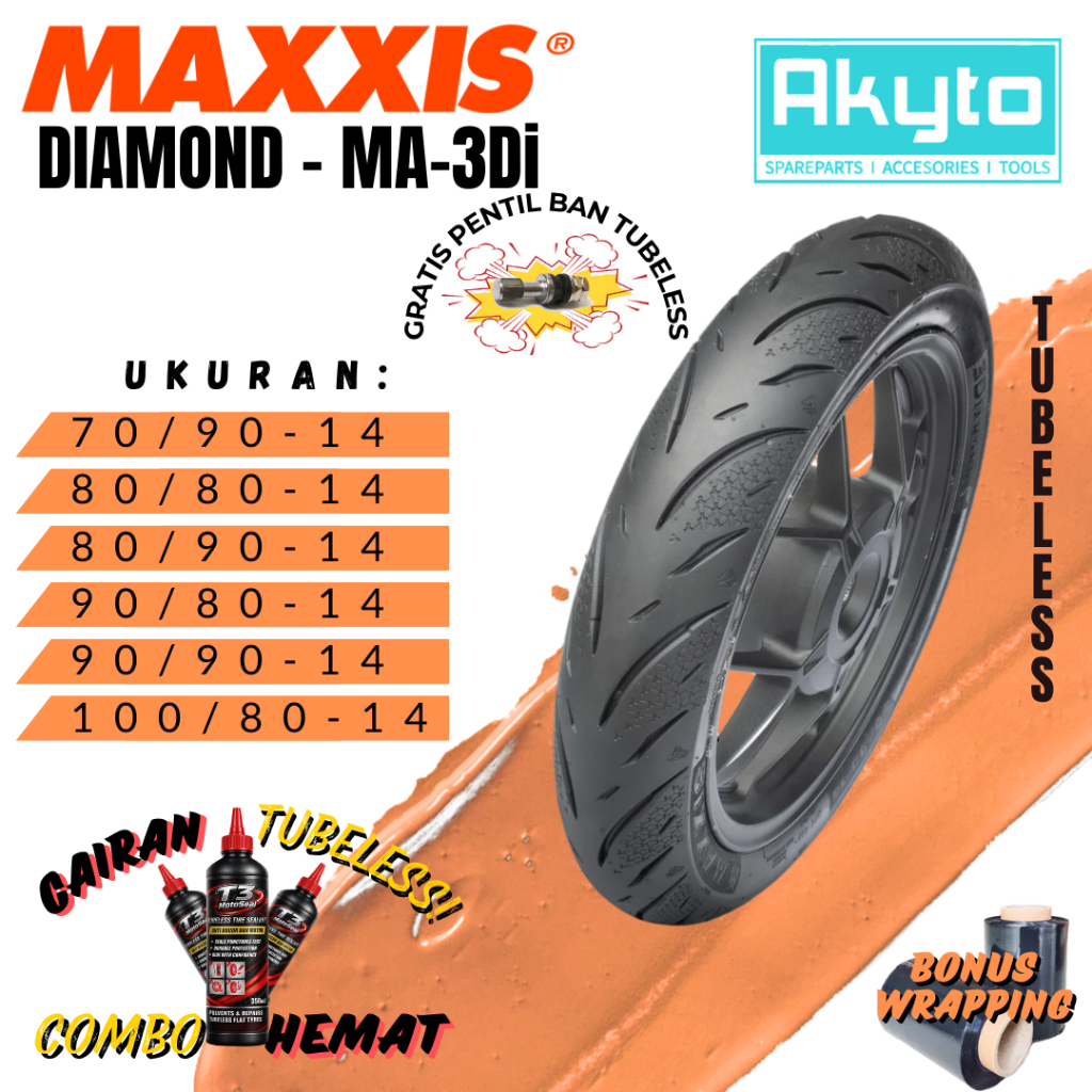 MAXXIS 3DIAMOND / MA-3Di / NEW DIAMOND / BAN MOTOR TUBELESS FREE PENTIL + WRAPPING / BAN RING 14 BEA