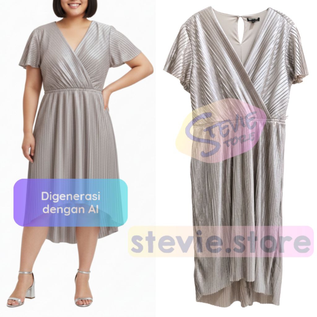 L*ne Bry*nt BIG SIZE Pleated Metallic Hi-Lo Cocktail Party Midi Dress Shiny Shimmering Flowy Dress J