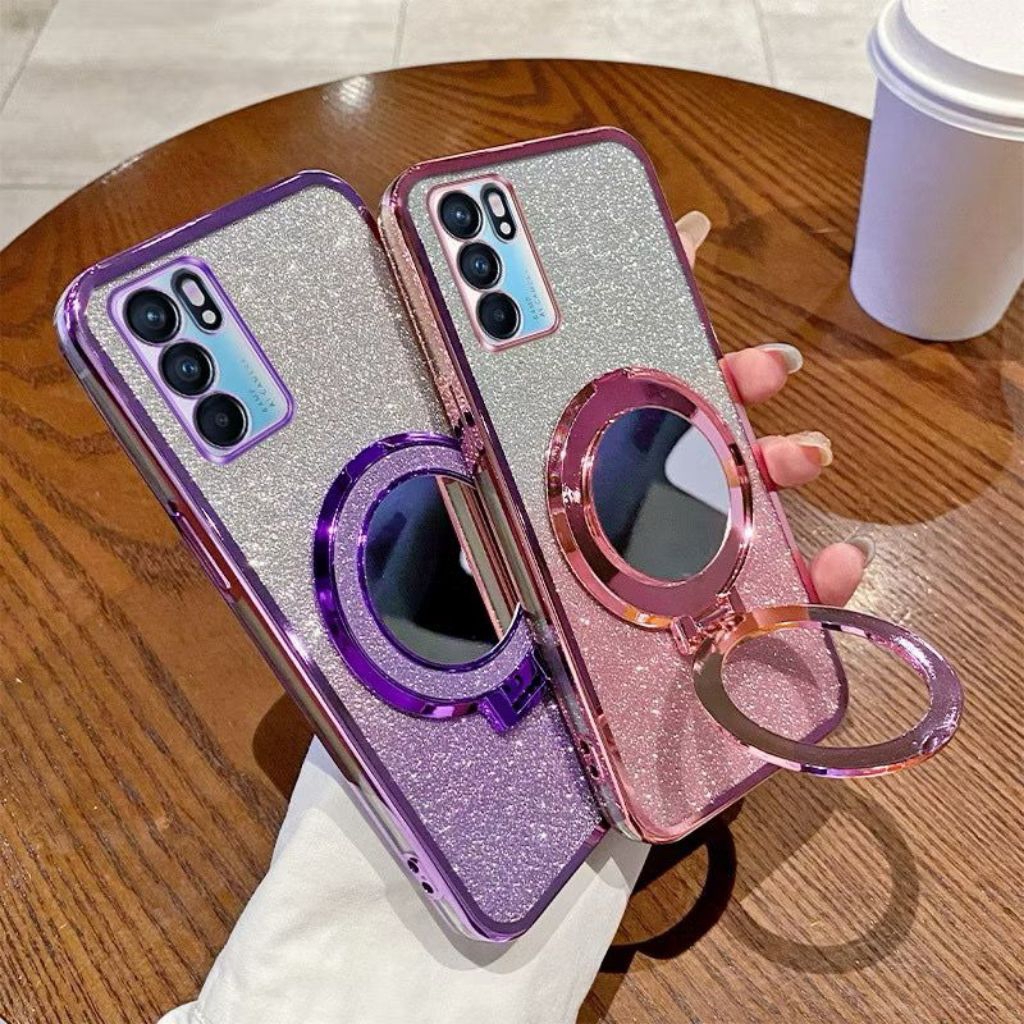Casing OPPO A16 / A16s Soft Case Ring Standing Cermin Glitter Mewah Ring Holder Mirror