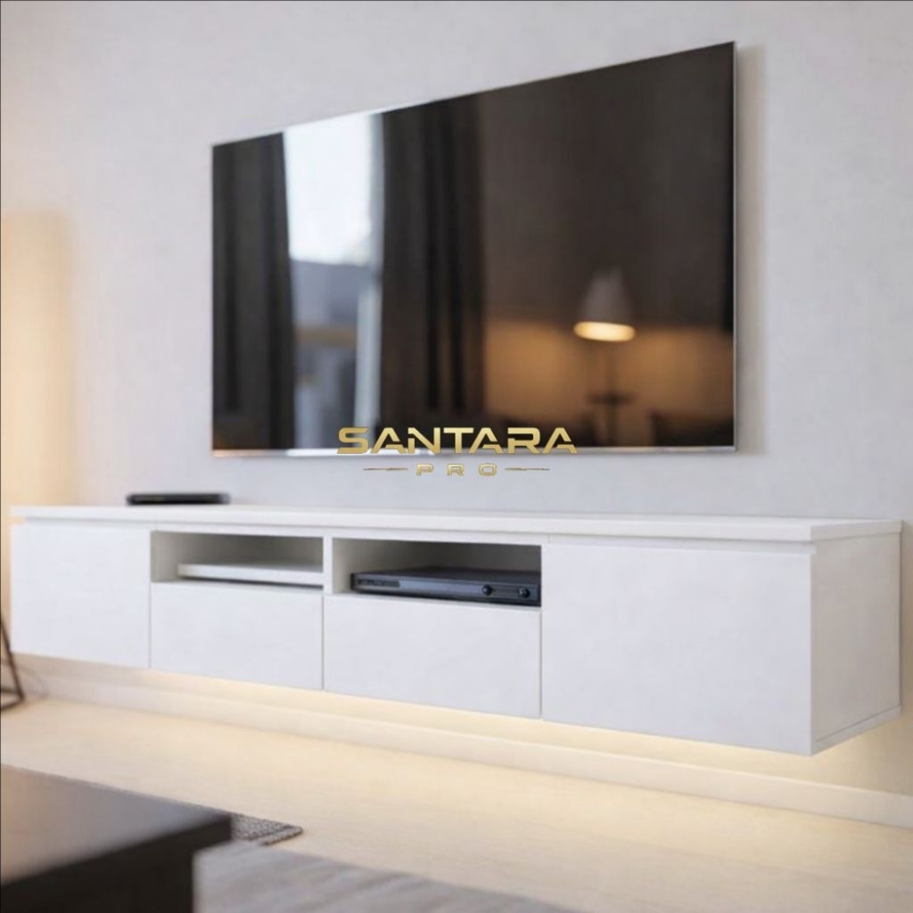 meja tv minimlis Rak TV Dinding Minimalis 150x30x30 cm – Meja TV Gantung Modern Floating Putih Meja 