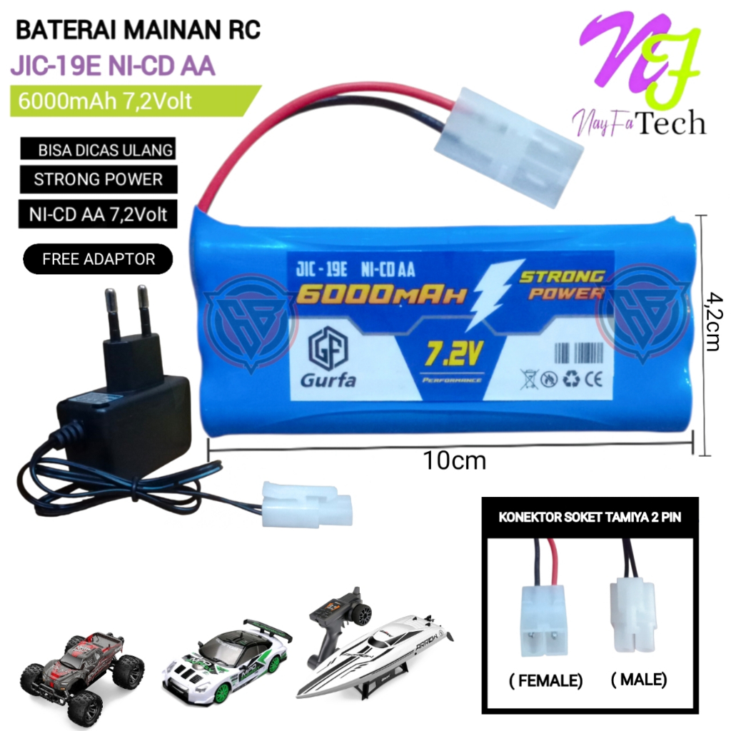 Paket Adaptor + Batterai Mobil Remot/RC 6AA Ni-Cd 7.2v - 6000mAh  Soket TAMIYA