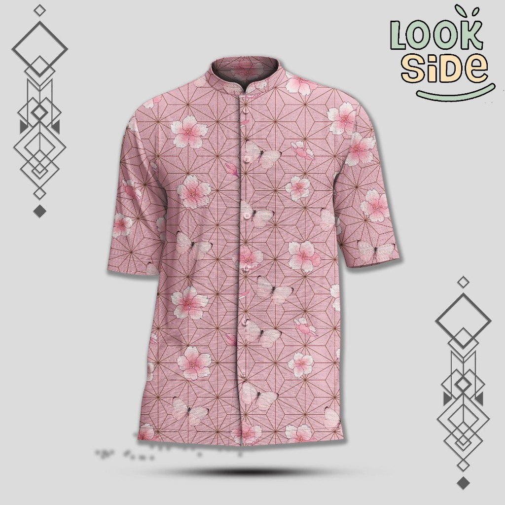 LOOKSIDE Kemeja Lengan Pendek Koko Batik Sakura Butterfly Geometric Pink Fullprint Adem | KOLOK18