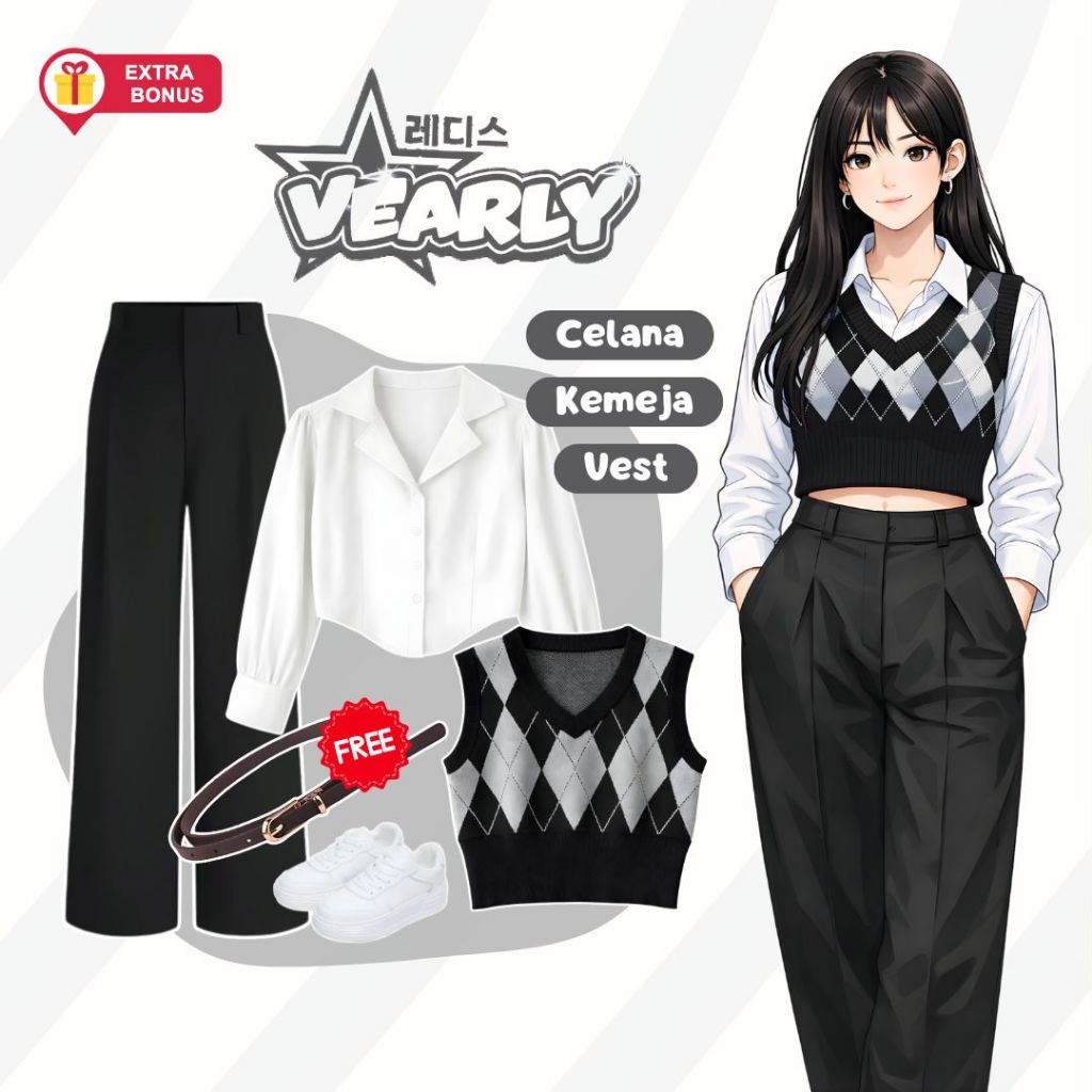 One Set 3in1 vest rompi diamond crop kemeja puff crop celana kulot knit highwaist free belt | outfit
