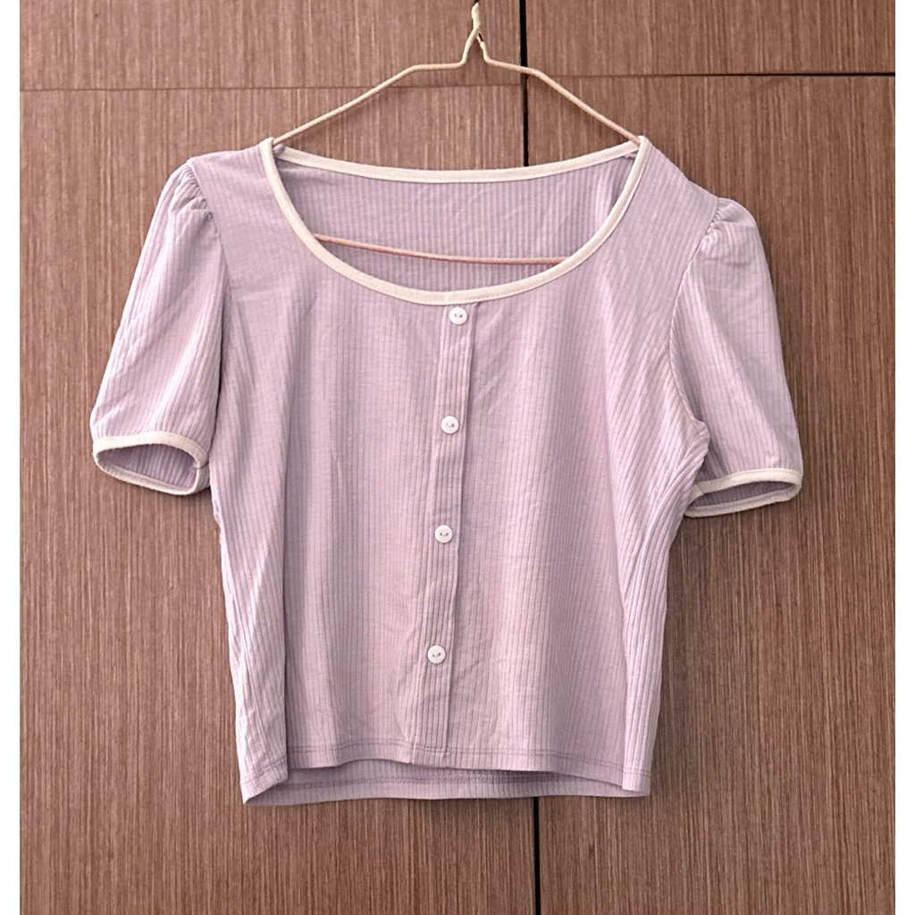 knit crop top lilac rajut lidi lengan balon