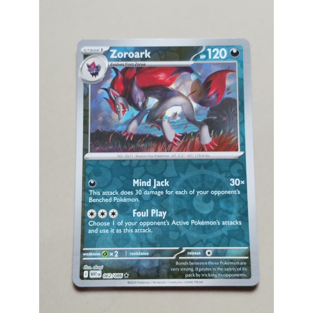 kartu pokemon original holo reverse zoroark wht 062/086