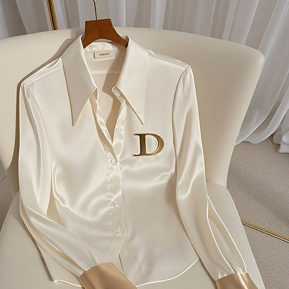 Blus Satin Acetate Putih Gaya Prancis untuk Wanita