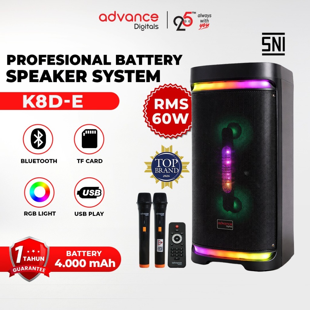 Advance K8D-E Speaker Aktif Bluetooth 8 Inch 2 Mic Wireless Karaoke RGB Light Super Bass Portable So