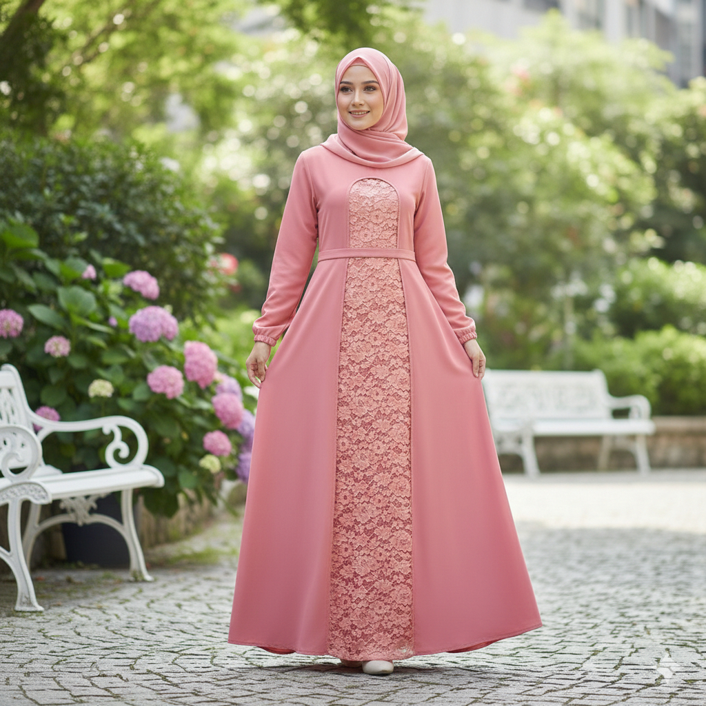 Gamis Wanita Muslimah Modern Dusty Pink - Baju Gamis Pesta Brokat Premium Mix Ceruty - Dress Kondang