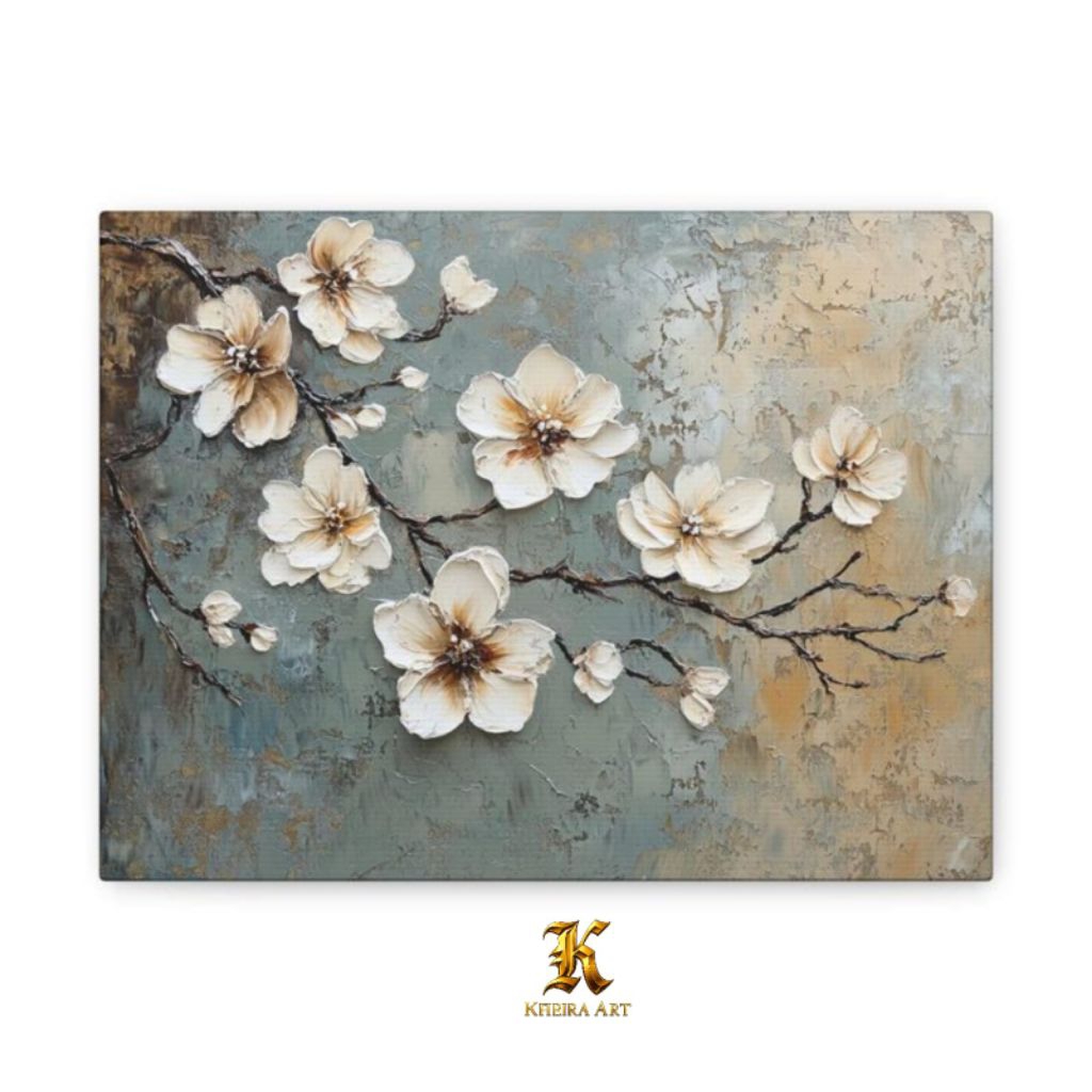 Lukisan Bunga Sakura Putih 3D Aesthetic - Hiasan Dinding Kanvas Tekstur Timbul Elegan Modern