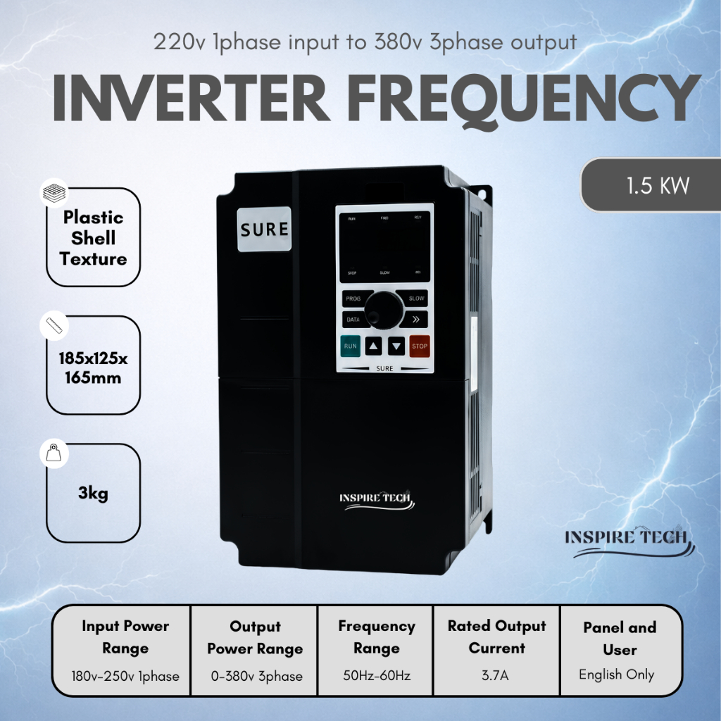 Inverter Speed Controller Variabel SURE INVERTER 1.5KW 220V 1 phase input To 380V 3phase output