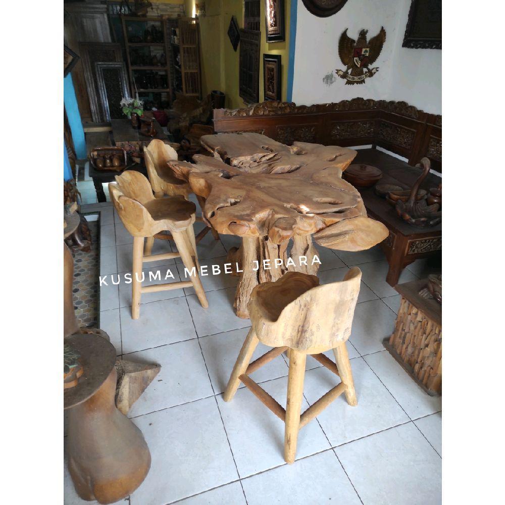 Set Meja Kursi Mini Bar Akar Kayu Jati Mebel Jepara (1 Meja dan 3 Kursi)
