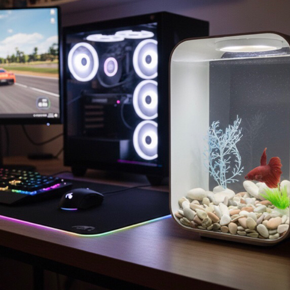 Aquarium unik dengan Lampu White (Putih)/Aquarium Aesthetic/Akuarium mini/Akuarium Cupang