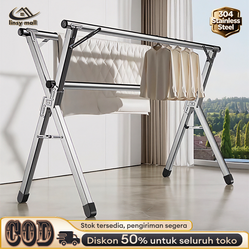 Jemuran Baju Stainless 2.4M SUS-304 Lipat Portable Tahan Karat Jemuran Pakaian Basah Proof Tanpa Bor