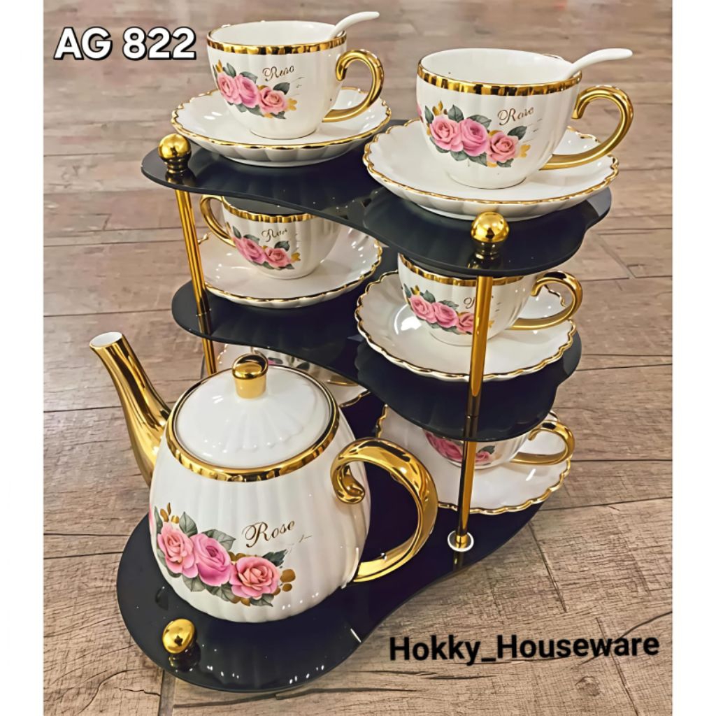Teko Teh/Kopi + Cangkir Keramik Marble Fiorenza Set 822