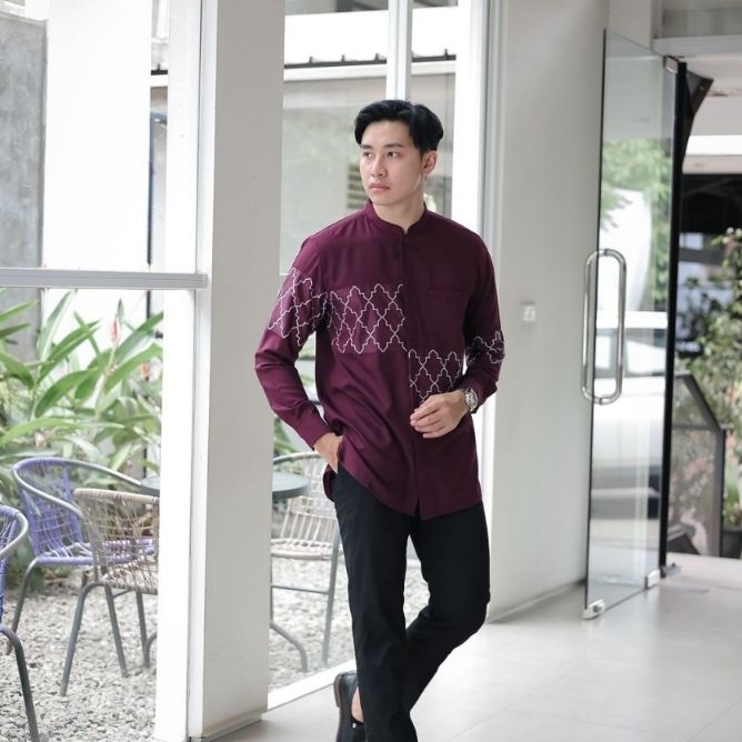 TRZ MEN_Kemeja Koko Kurta Pria Lengan Panjang Burgundy